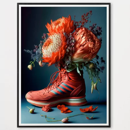 Poster sneakers rouge et fleurs - décoration murale