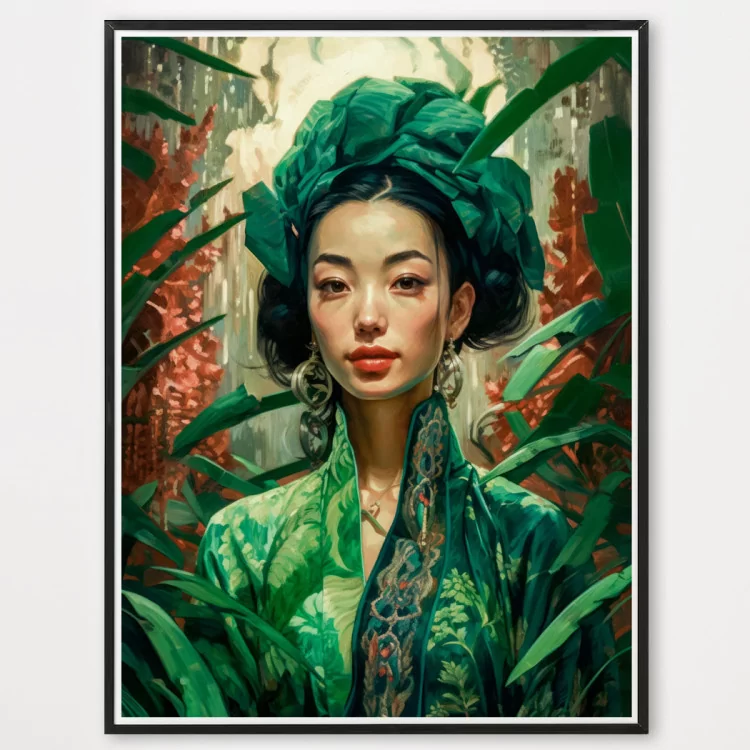 Poster Japonaise en kimono vert